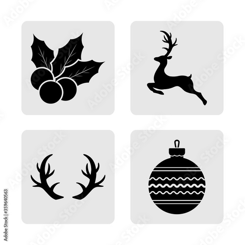 Set black christmas stencil on gray. Collection icons. Christmas ball, antler, deer and holly. Vector stock illustration. EPS 10 