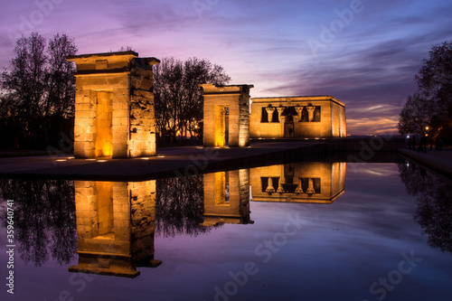 Sunset over the Templo de debod. The Temple of Debod is an ancient Egyptian temple which was rebuilt in Madrid, Spain.