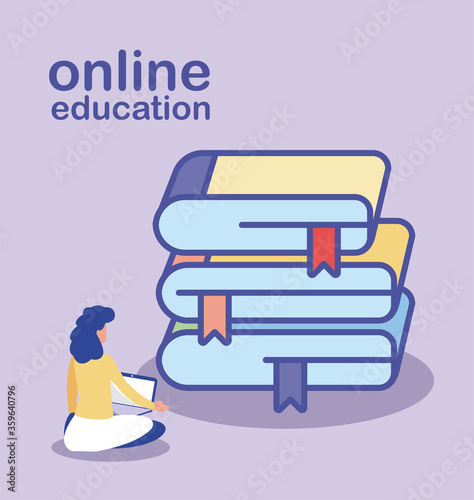 online education, woman with laptop, stack of books