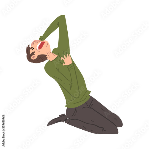 Panicked Young Man Sitting on the Floor on His Knees, Anxiety or Panic Attack, Stressed or Depressed Nervous Person Vector Illustration