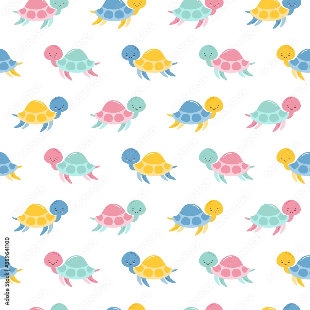 Obraz premium Seamless pattern of the cartoon cute turtles. Underwater sea life