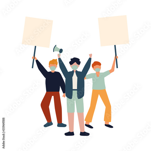 Men with medical masks banners boards and megaphone vector design