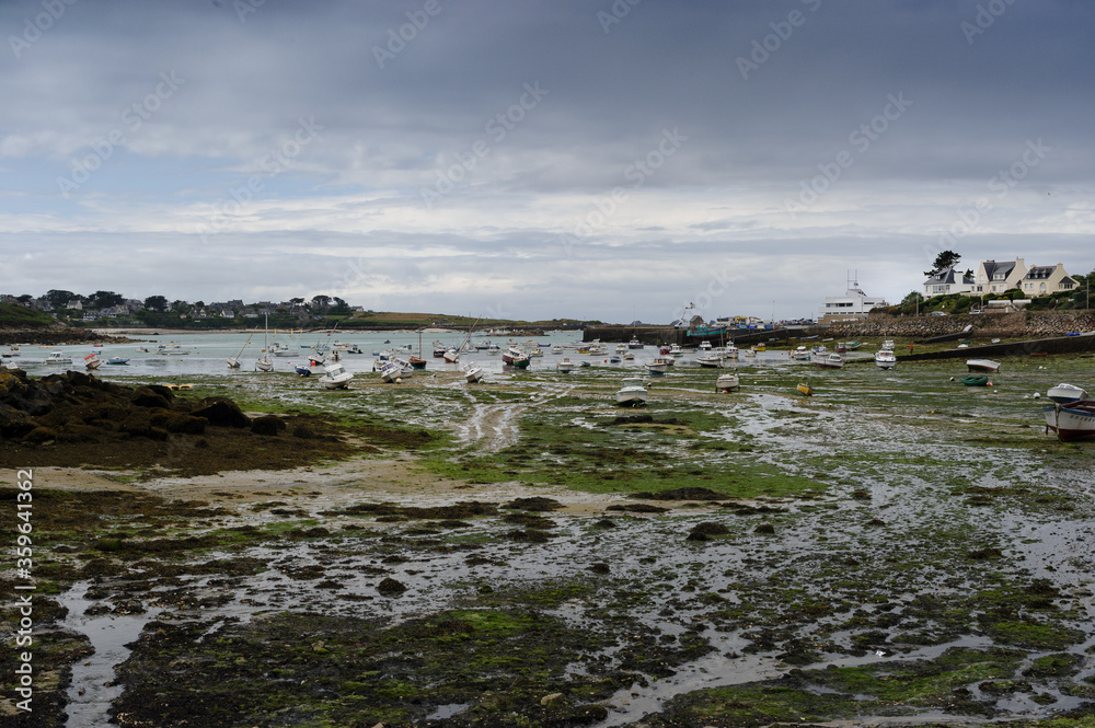Breton coastal landscape. The Roscoff stranding port. Beach at low tide, seaweed and sand. Some fishermen's houses. Cloudy sky.