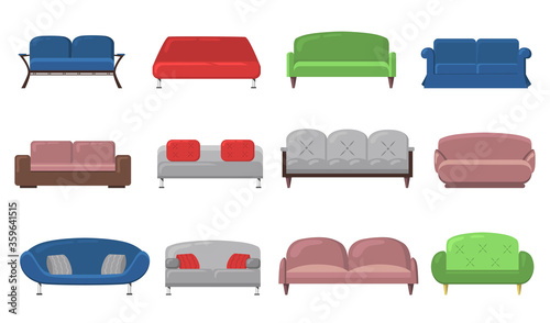 Various modern sofas and couches flat icon set. Front view of comfortable luxury divans for lounge, office, apartment or room vector illustration collection. Interior and design concept