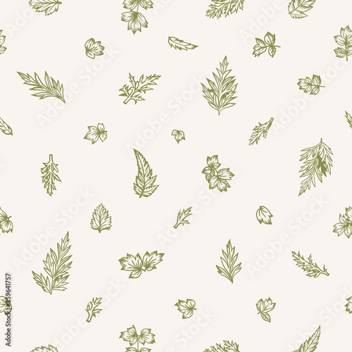 Summer seamless pattern with leaves. Vector botanical illustration. Green and white.