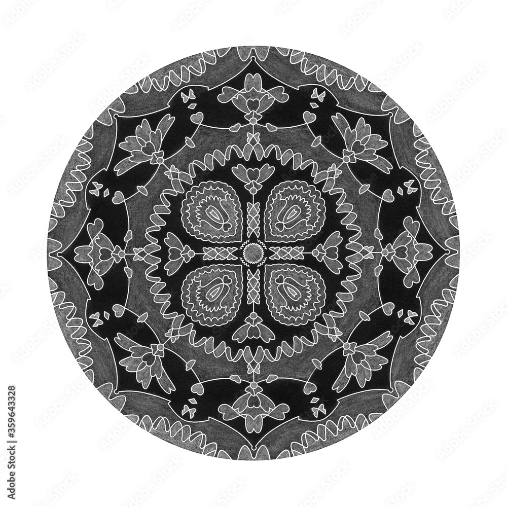 Colored pencil effects. Illustration mandala black, white and grey. Little hearts. Decorative element Colored pencil effects. Illustration mandala black, white and grey. Little hearts. Decorative element