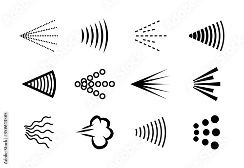 Spray haze collection. Scattered clouds, shower, jets and fogs, aerosol steam in air, monochrome vector illustrations on white background. Can be used for hairspray or deodorant, condensation topics
