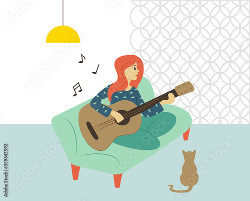 Guitarist woman vector, female character sitting on sofa playing guitar. Cat listening to lady, interior of room, light of lamp and wallpaper, hobby photo