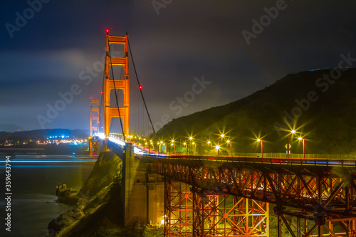 Golden Gate Bridge in San Francisco at night with light bursts