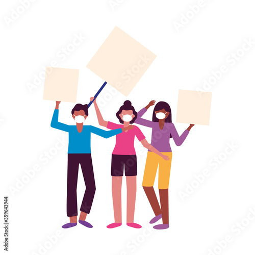 People with medical masks and banners boards vector design