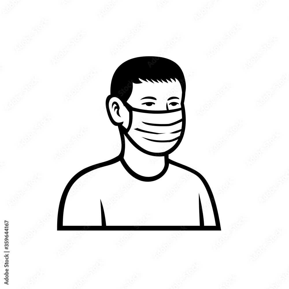Asian Teenage Boy Wearing Face Mask Front View Retro Black and White