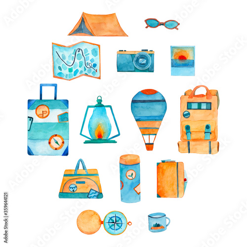 Travelling Objects Watercolor Group. Suitcase, tent, glasses, journal. Blue and yellow elements. 