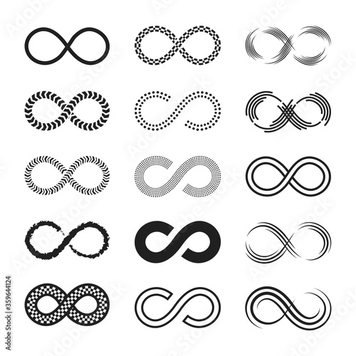 Infinity signs set. Endless eternity symbols, black eight geometric shapes isolated on white background. Can be used for logo or emblem design, Moebius loop concept