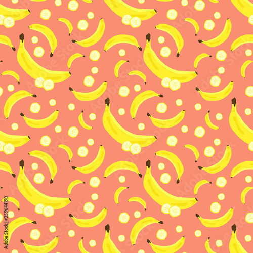 Seamless pattern with bananas and slices. Green wallpaper, background for packaging, fabrics, or other.