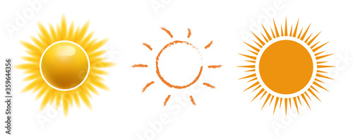 Vector sun icon set, Realistic, web, hand drawn sun icon for weather design or sunscreen cosmetic. Sunshine symbol good weather happy orange sun illustration isolated in white background.