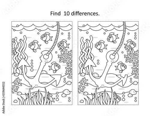 Find ten differences activity page with underwater life scene and anchor
