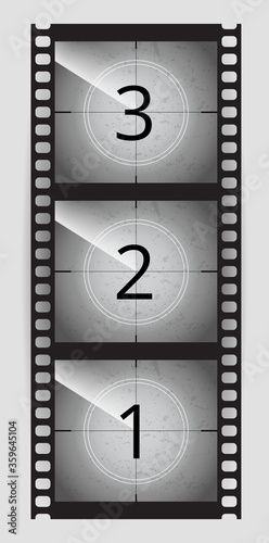 Monochrome Black Old grunge film movie tape countdown frame 3 2 1 Vector stock illustration