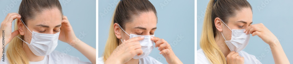 Instruction, how to wear the medical protective mask. Girl wears medical mask. Step to step Instruction, how to wear the medical protective mask. Girl wears medical mask. Step to step