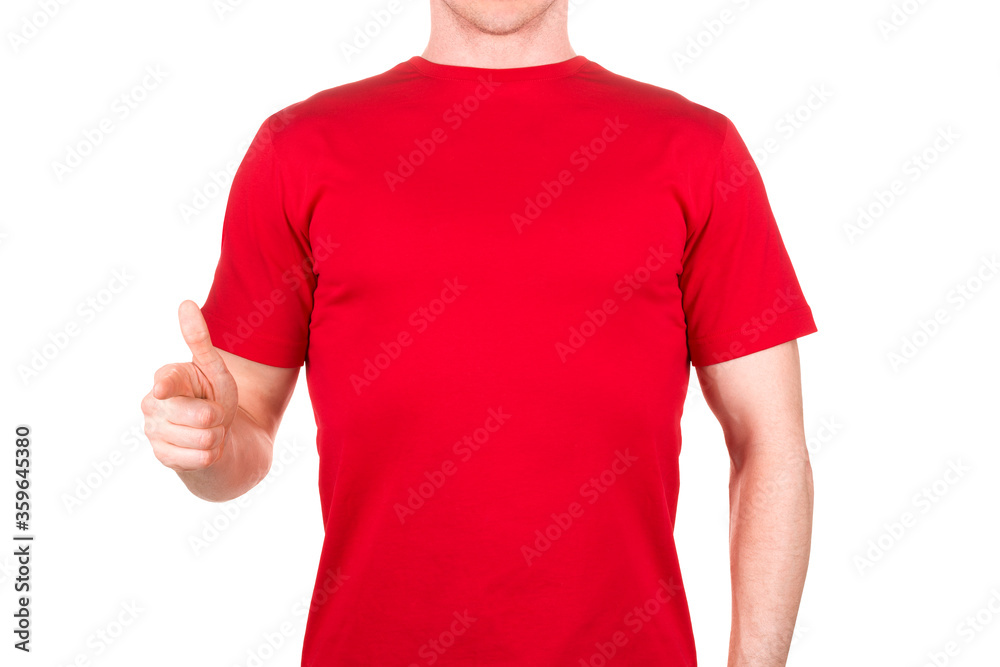 Man in red t-shirt who is willing to make a deal or say hello isolated