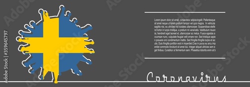 Abstract virus silhouette and Coronavirus text in thin line style. Coronavirus virus danger relative illustration. Medical research theme. Virus epidemic alert. Flag of the Sweden
