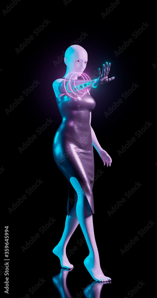 3d rendering. A woman mannequin in blue and pink neon lighting with a biomechanical arm reaches forward. Isolated background. Bionic prosthesis with neonous decorative inserts