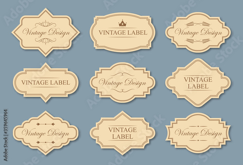 Retro craft labels set. Text samples in traditional frames, vintage tags with borders in Victorian style. Can be used for wedding invitation card design, badges and logos templates