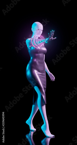 3d rendering. A woman mannequin in blue and pink neon lighting with a biomechanical arm reaches forward. Isolated background. Bionic prosthesis with neonous decorative inserts © shacil