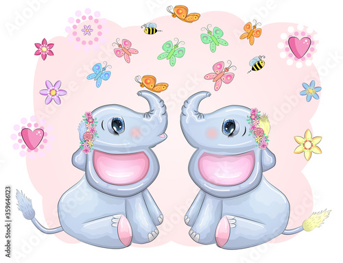 Cute cartoon elephant with beautiful eyes with a butterfly surrounded by flowers  children s illustration