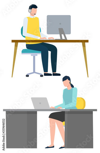 Man and woman at work working on laptops vector, character sitting by wooden table. Workspace of people, male and female in teamwork business illustration in flat style design for web, print