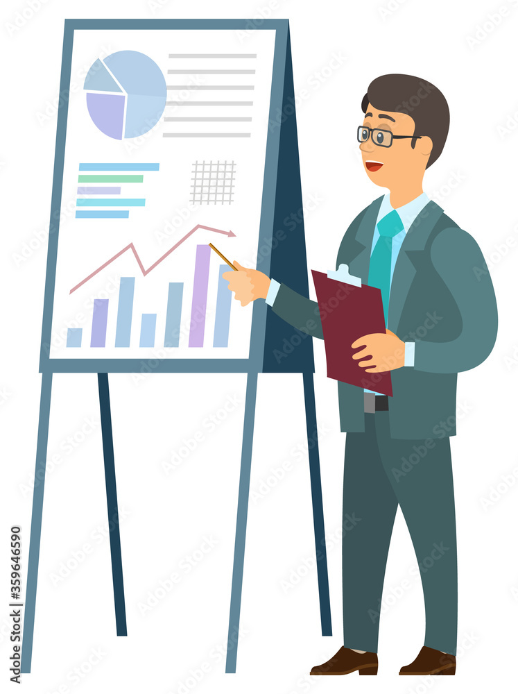 Man in suit with tie and glasses, clipboard in hands, pointing on board with charts and graphs, financial analysis and business education. Vector investor and growth of sales Man in suit with tie and glasses, clipboard in hands, pointing on board with charts and graphs, financial analysis and business education. Vector investor and growth of sales