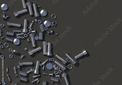 3d render of a variety of screws, nuts, clamps and steel anchor fasteners on a black background.