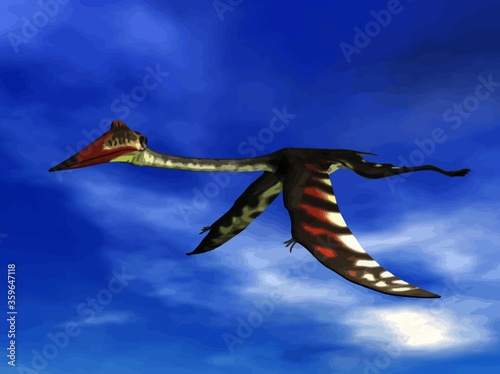 Quetzalcoatlus fyling peacefully in a blue cloudy sky by day