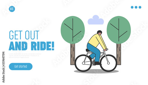 Cartoon man bicycling on template landing page. Male on bike riding in park for exercise and fitness