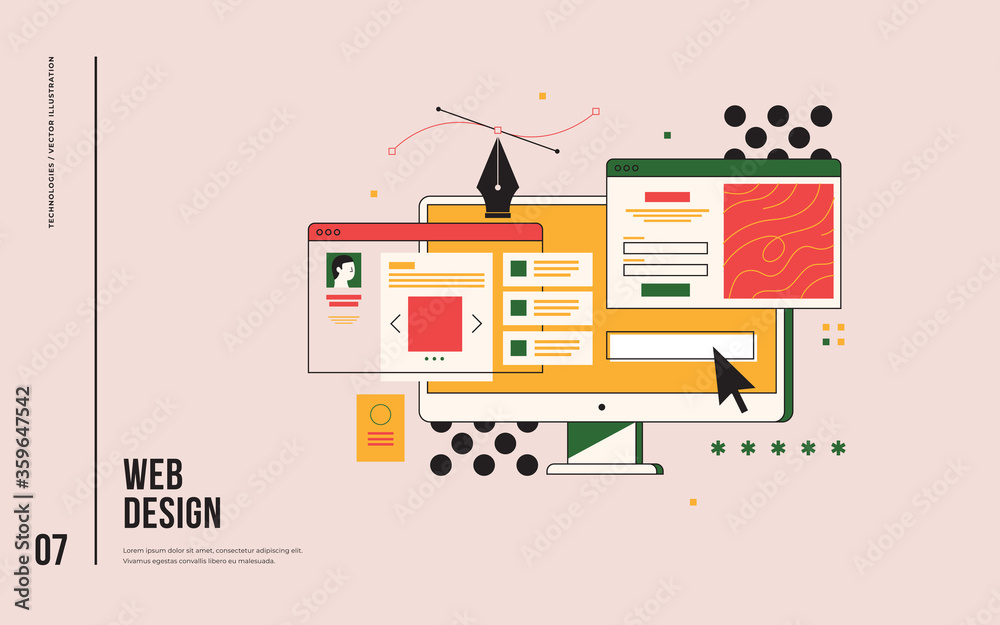 Web design concept. Interface elements and browser windows on the monitor screen. Digital industry. Innovation and technology. Vector flat illustration. - obrazy, fototapety, plakaty 