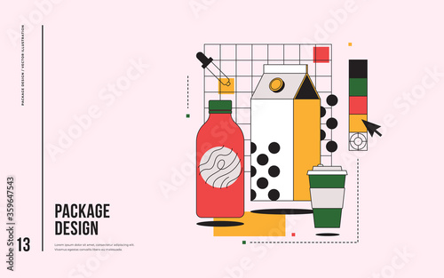 Product packaging design concept. The choice of colors for corporate style. Bottle, plastic cup, box for a drink. Modern vector flat illustration.
