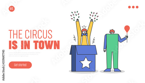 Circus landing page for website with funny clowns in colorful costumes jumping out of box
