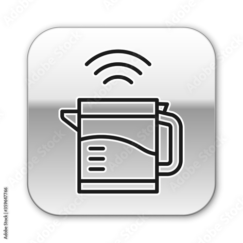 Black line Smart electric kettle system icon isolated on white background. Teapot icon. Internet of things concept with wireless connection. Silver square button. Vector.