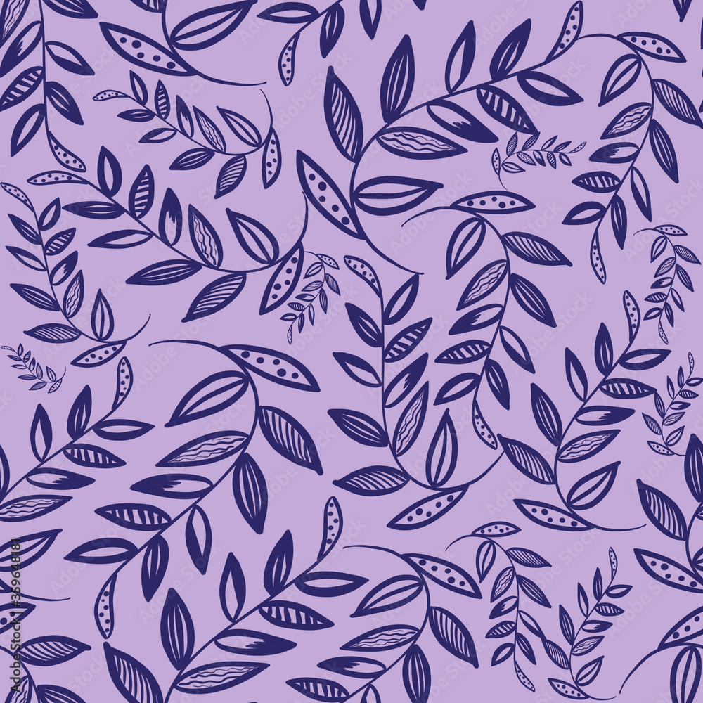 Fototapeta Simple seamless pattern with blue outline branches and leaves on blue background. Linen, textile, bed clothing, fashion, fabric, wallpaper, packaging design