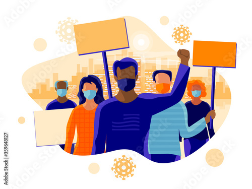 Group of people protesters protesting and wearing face mask to prevent covid virus, disease, flu, air pollution. Old young black man woman holding banner boards. Vector illustration with city skyline.