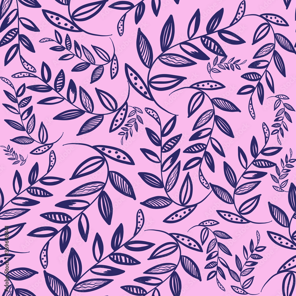 Fototapeta Simple doodle blue branches with leaves on pink background. Seamless floral pattern. Elegant wedding, linen, textile print, stationery, fabric, wallpaper design