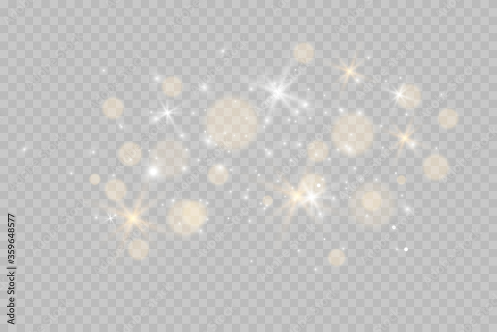 Light abstract glowing bokeh lights. Bokeh lights effect isolated on transparent background. Festive purple and golden luminous background.