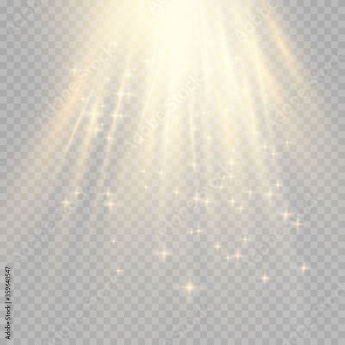 Vector glowing light effect with gold rays and beams.