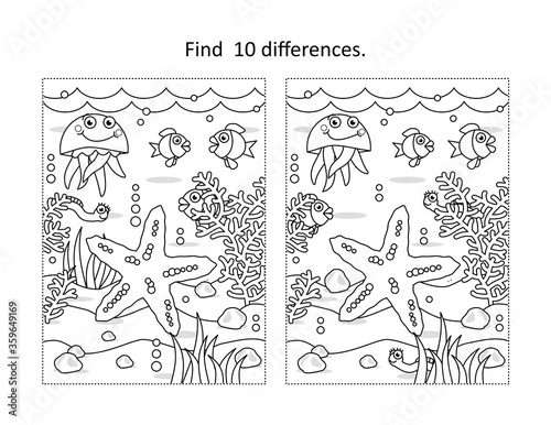 Find ten differences activity page with underwater life scene and starfish


