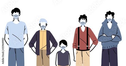 people in protective medical face masks, men wearing protection from coronavirus