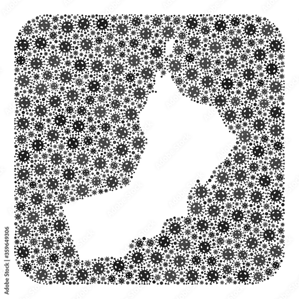 Pandemic virus map of Oman mosaic composed with rounded square and subtracted space. Vector map of Oman mosaic of pandemic virus ojects in different sizes and grey color tinges. Pandemic virus map of Oman mosaic composed with rounded square and subtracted space. Vector map of Oman mosaic of pandemic virus ojects in different sizes and grey color tinges.