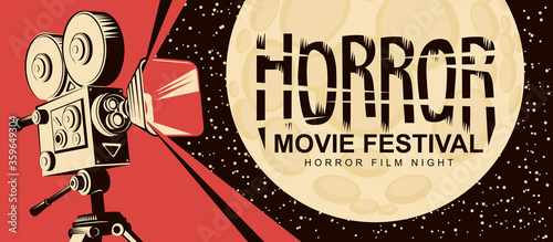 Horror movie festival. Vector poster with an old movie projector and full moon. Scary cinema. Horror film night. Suitable for poster, banner, flyer, ticket, invitation, web design, billboard