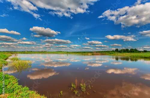 Mirror smooth of pond beneath blue cloudy sky in summer day