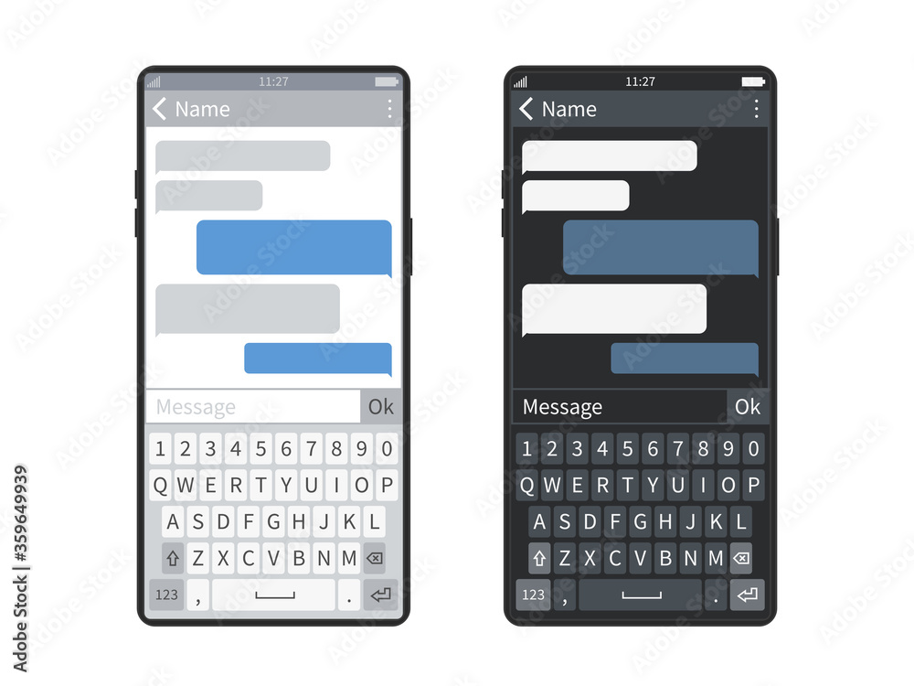 Smartphone chat. Screen mobile device keyboard with messaging app, bubbles or message clouds, chatbot sending sms dialogues vector template Smartphone chat. Screen mobile device keyboard with messaging app, bubbles or message clouds, chatbot sending sms dialogues vector template
