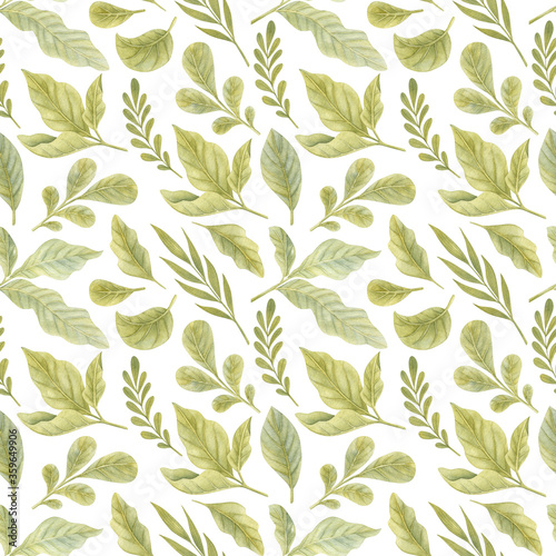 Watercolor seamless pattern with green leaves on the light background. Bright watercolor illustration.