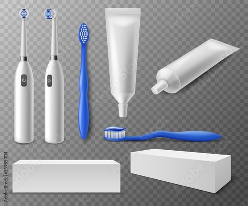 Toothbrush and tubes. Realistic different toothbrushes  packaging and tubes toothpaste mockup  dentistry accessory hygiene mouth vector set